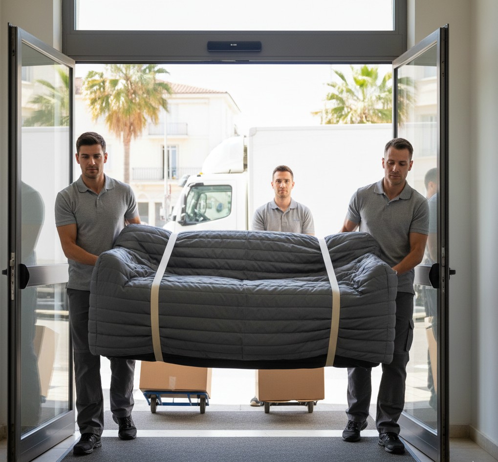 Déménageurs transportant un canapé et des cartons dans un immeuble à Toulon